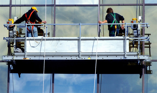 window washers using a swing stage.
