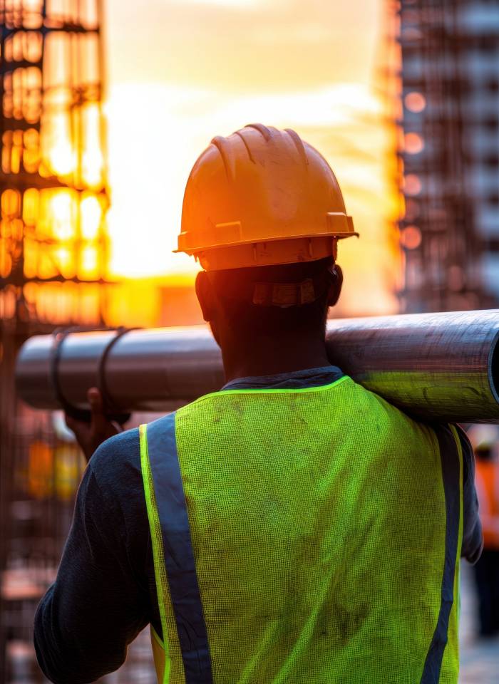 rear view of a construction worker wearing safety gear carrying a steel pipe as he walks towards scaffolding on a construction site at sunset.