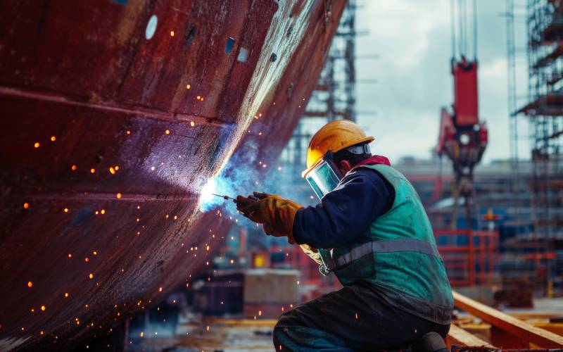 Construction worker welding a structure while standing on scaffolding