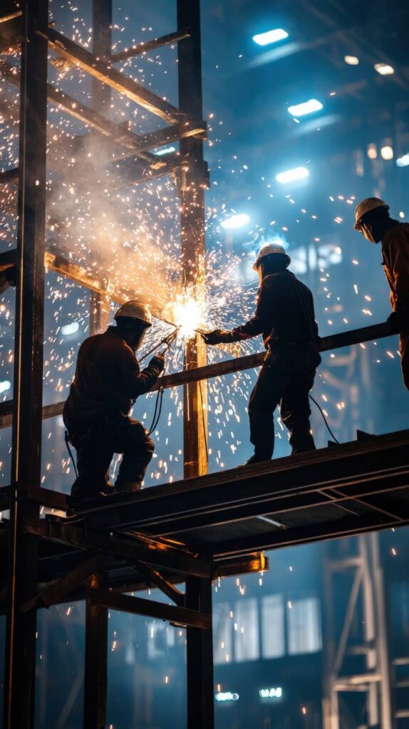 Sparks fly as a trio of welders work on a construction site, high in the air on scaffolding.