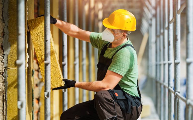 Construction worker stands on scaffolding as he installs insulation with mineral rock basalt wool mats. Effective energy saving of modern buildings.