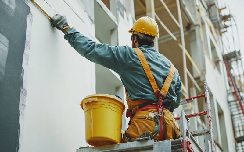 Construction worker painting the exterior of a building while standing on scaffolding