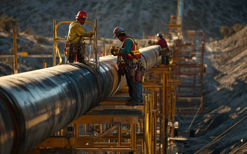 Construction Workers Installing Pipeline On Scaffolding