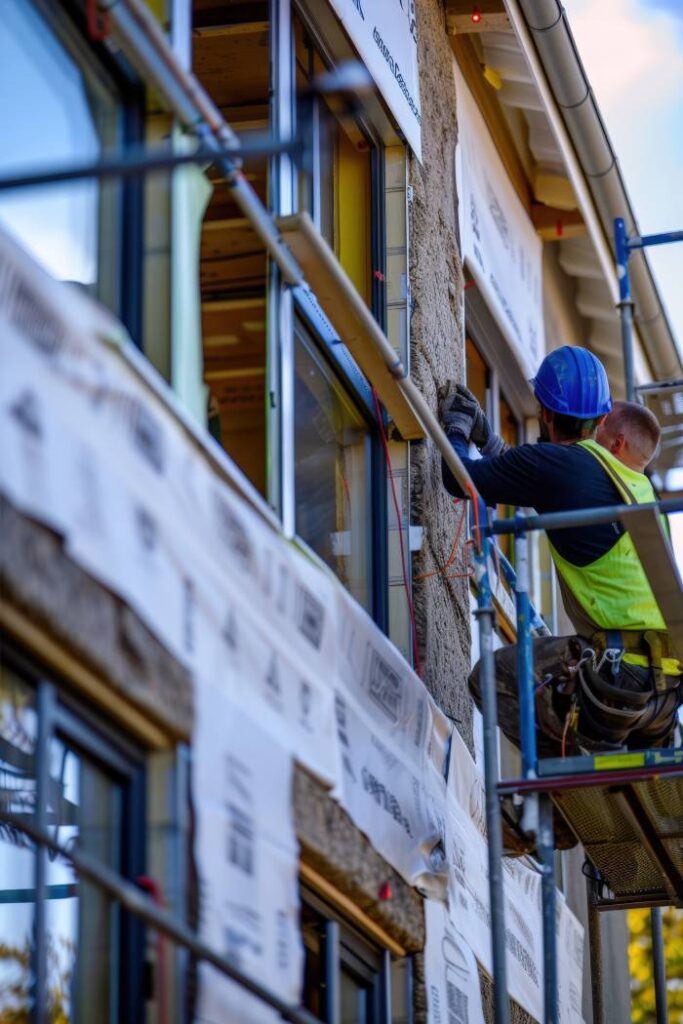 Two workers stand on scaffolding as they install eco-friendly insulation and energy efficient windows on a new building.