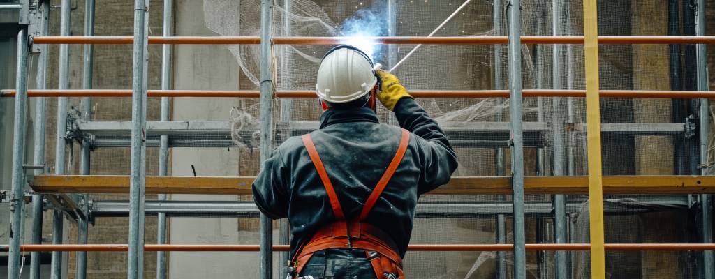 A construction worker welding on scaffolding at a construction site